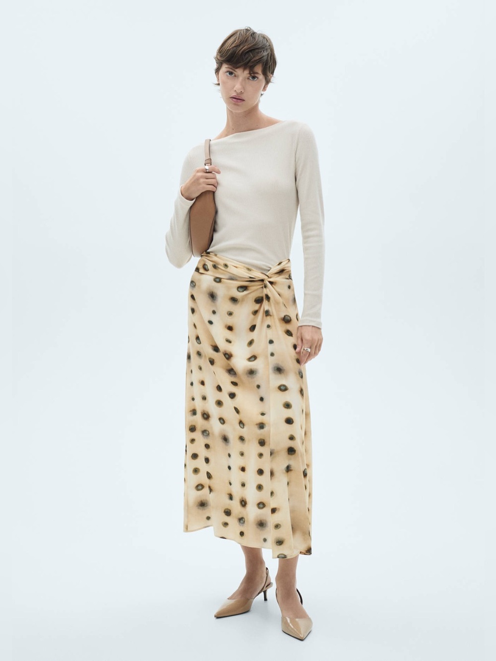 Mango Polka Dot Skirt with Knot Detail Beige Midi Skirt Size L